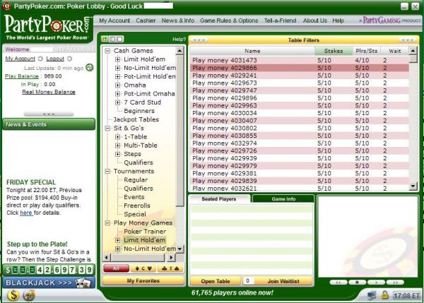 Party Poker Lobby screenshot